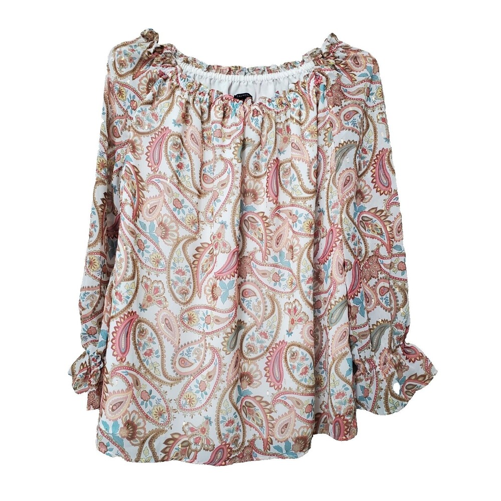 Talbots Plus Gold Metallic Paisley Off-Shoulder Peasant Blouse Size X